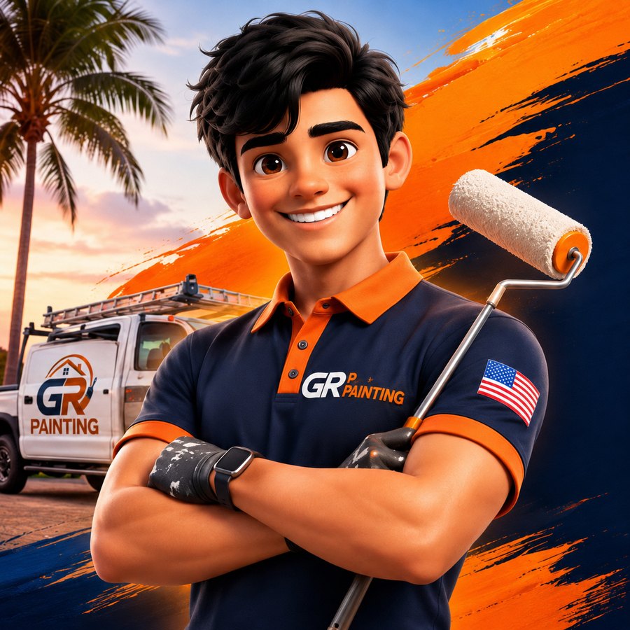 GR Painting crew mascot with a paint roller in front of a company truck
